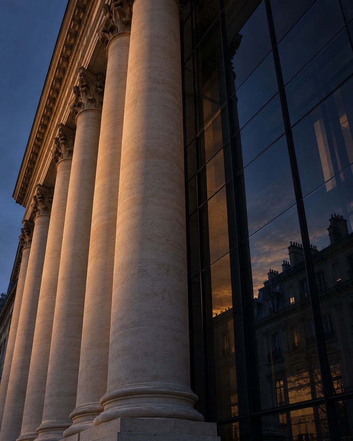 Architecture de pierre et de verre dans une lumière de fin de journée